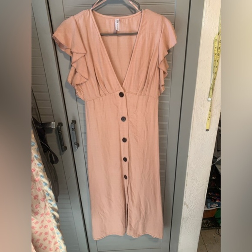 ZARA RUFFLED RUSTIC DRESS TUNIC LINEN WITH RUFFLE TRIM SZ.. S never worn